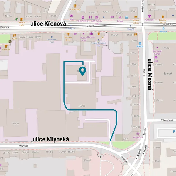 Mapa s plánkem cesty do DJ roomu DJem v Brně na adrese Mlýnská 65